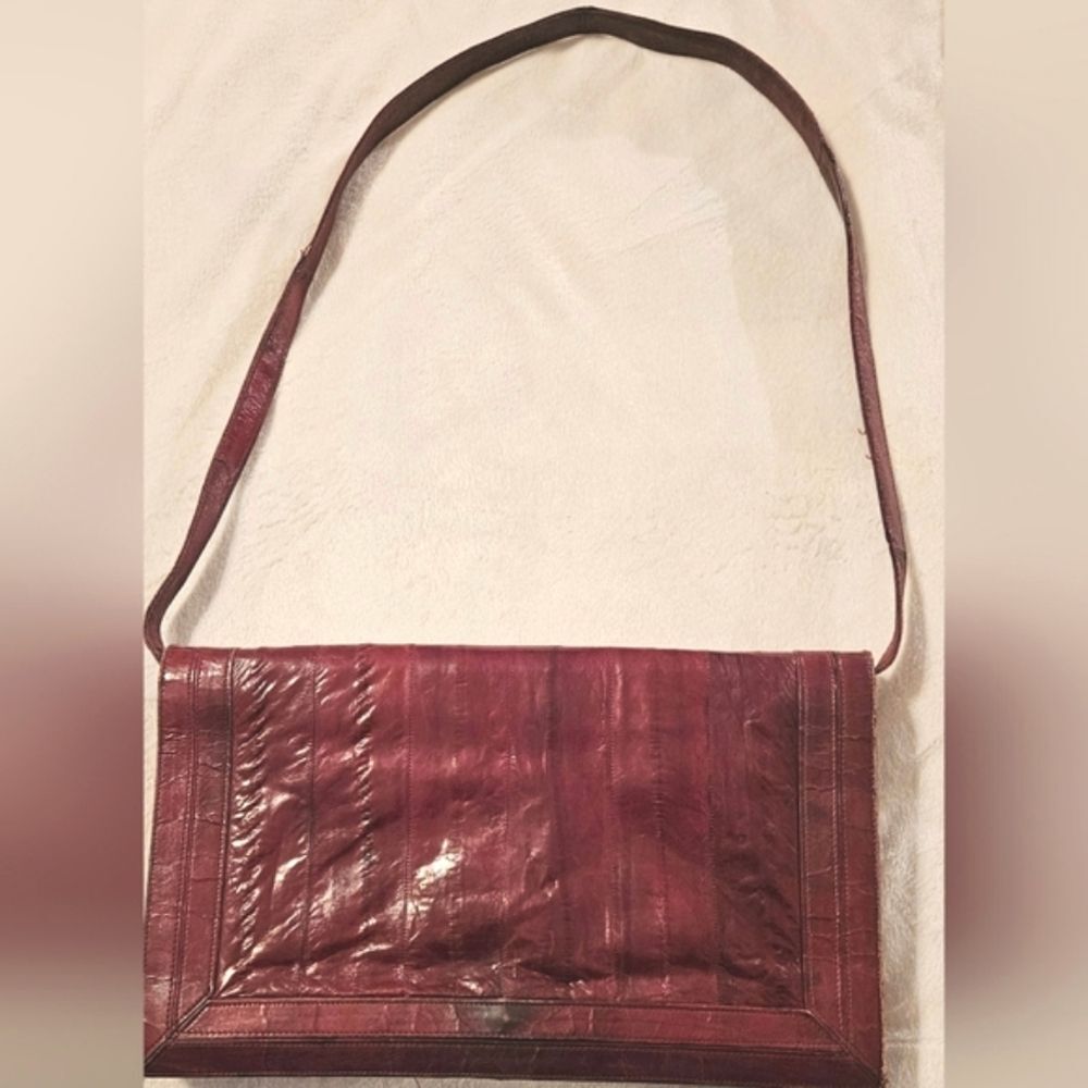 Eel Skin Leather Shoulder Bag Clutch Burgundy Red Wine Maroon Vintage 1960s - Picture 3 of 11
